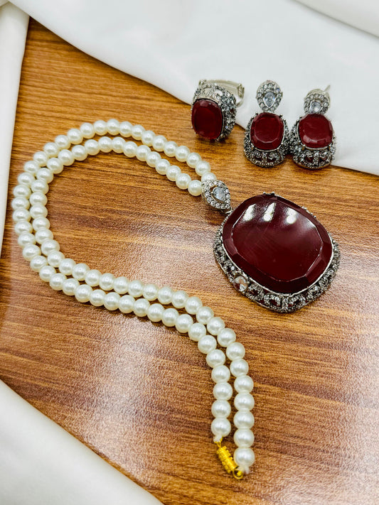 Double Stone Locket & Ring Set in Maroon